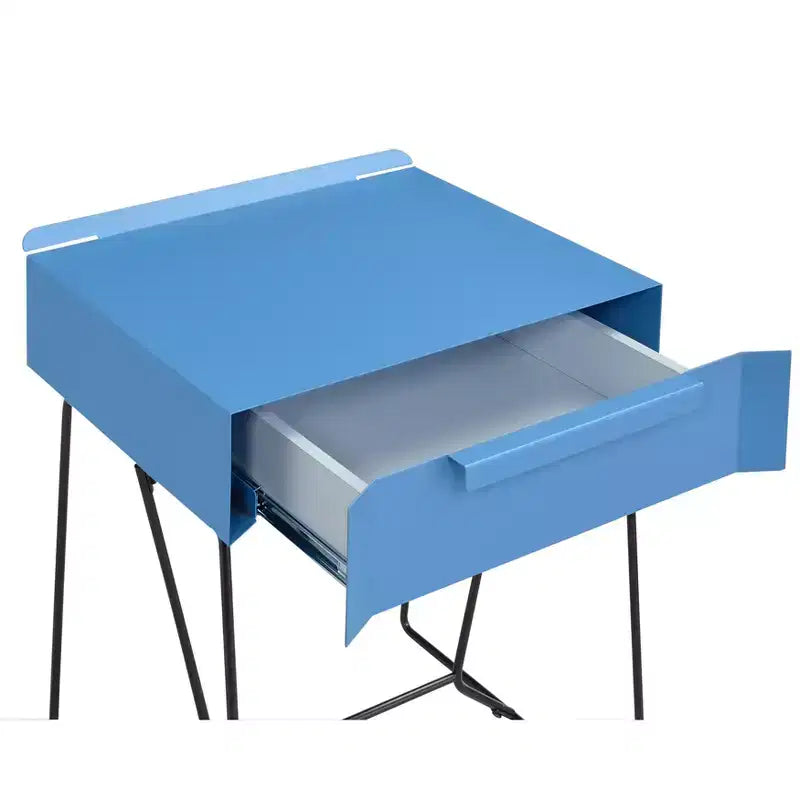 Table d'appoint de style moderne bleue - Base métallique géométrique, plateau rectangulaire