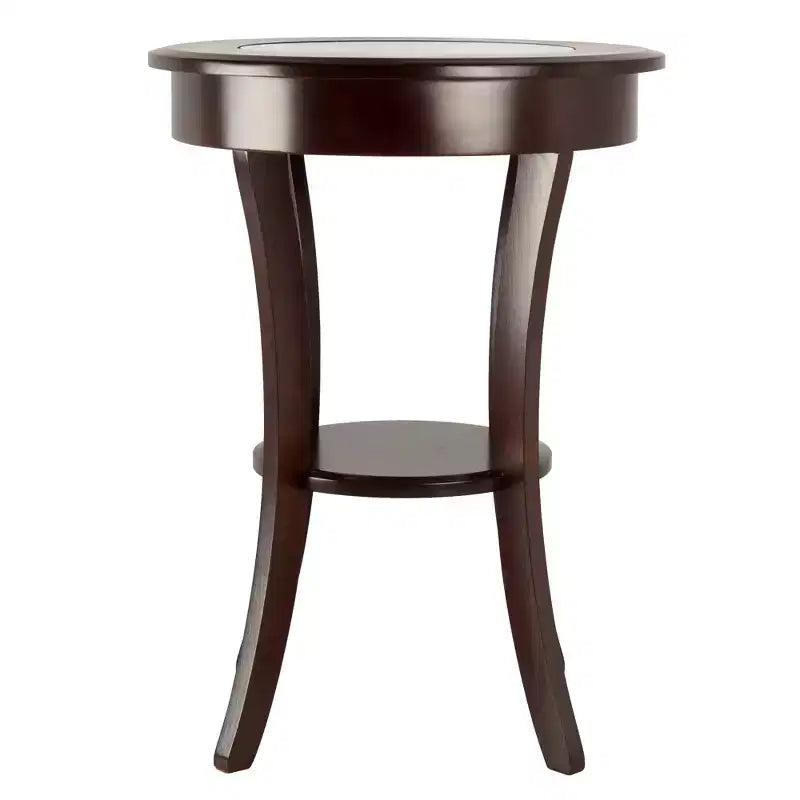 Table d'appoint ronde avec verre - Cappuccino : Pieds évasés, étagère en bois composite, hauteur de 68,5 cm