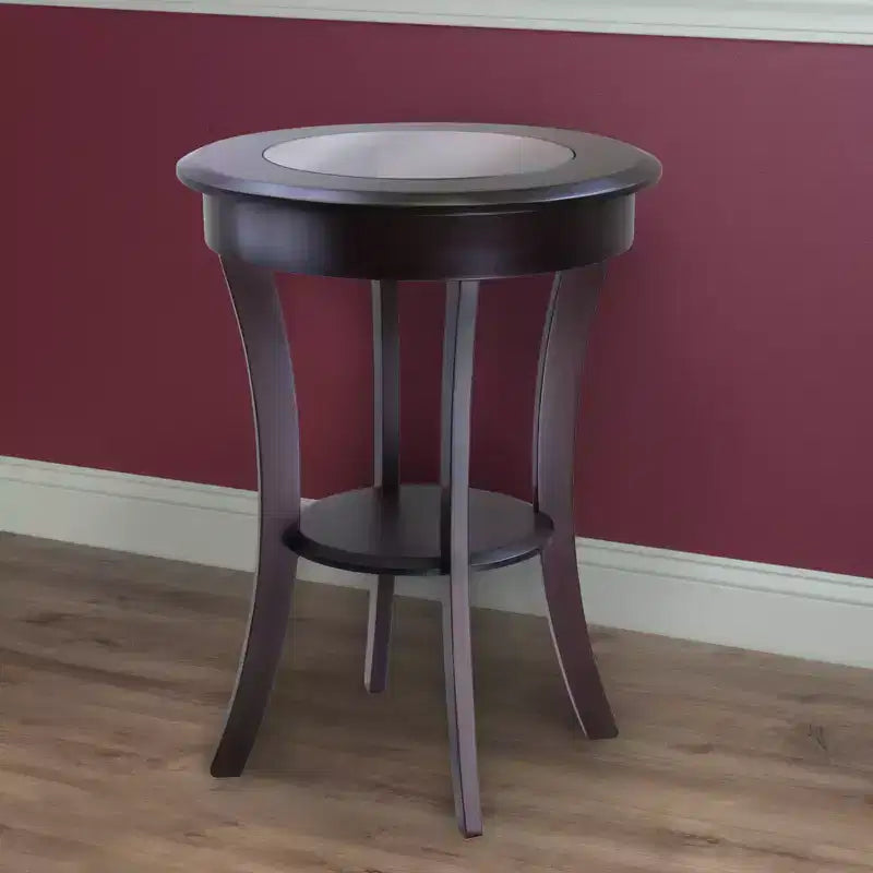 Table d'appoint ronde avec verre - Cappuccino : Pieds évasés, étagère en bois composite, hauteur de 68,5 cm