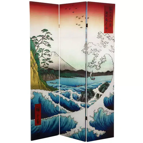 Paravent double face de 1,80 m Hiroshige Mer à Satta/Maison de thé : Écran d'intimité pliant, cadre en composite de bois