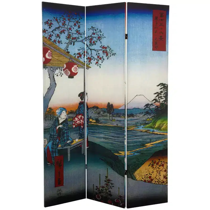 Paravent double face de 1,80 m Hiroshige Mer à Satta/Maison de thé : Écran d'intimité pliant, cadre en composite de bois