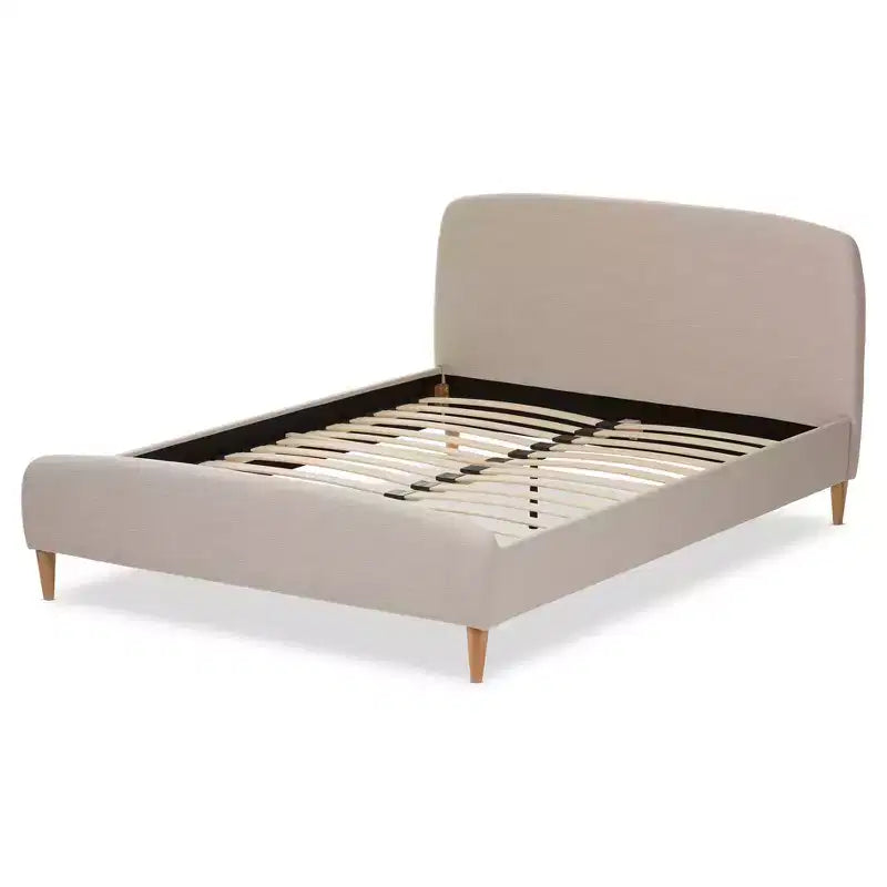Lit plateforme entièrement rembourré en tissu style Mid-Century, beige clair : construction en bois d'hévéa et MDF, pas besoin de sommier tapissier