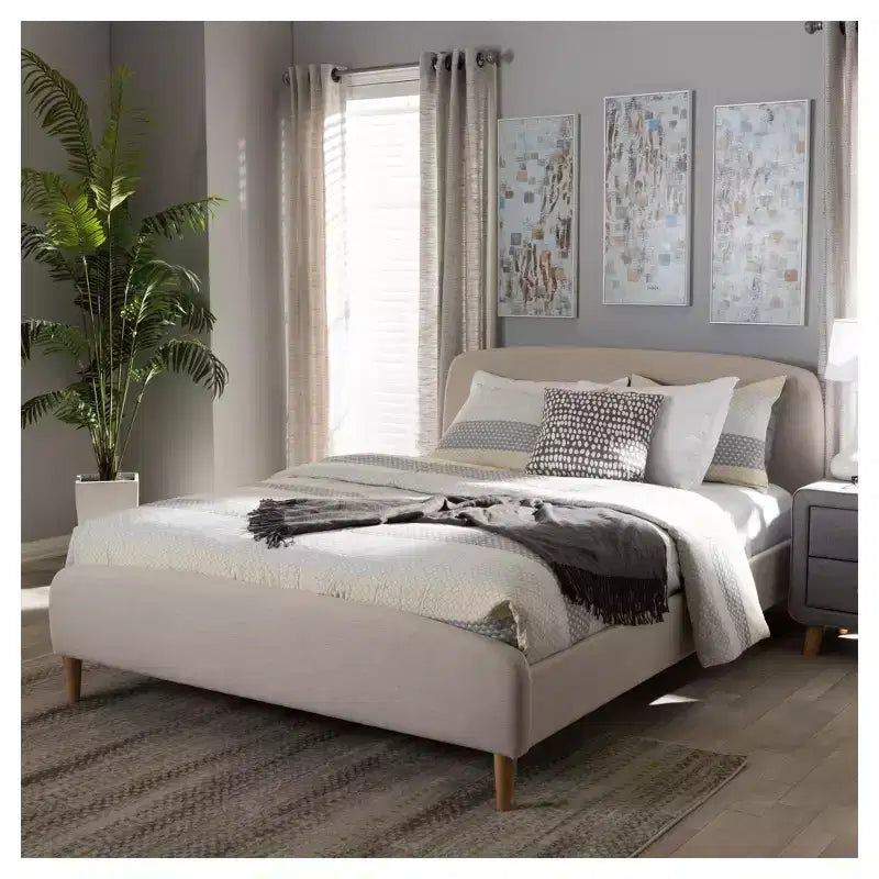 Lit plateforme entièrement rembourré en tissu style Mid-Century, beige clair : construction en bois d'hévéa et MDF, pas besoin de sommier tapissier