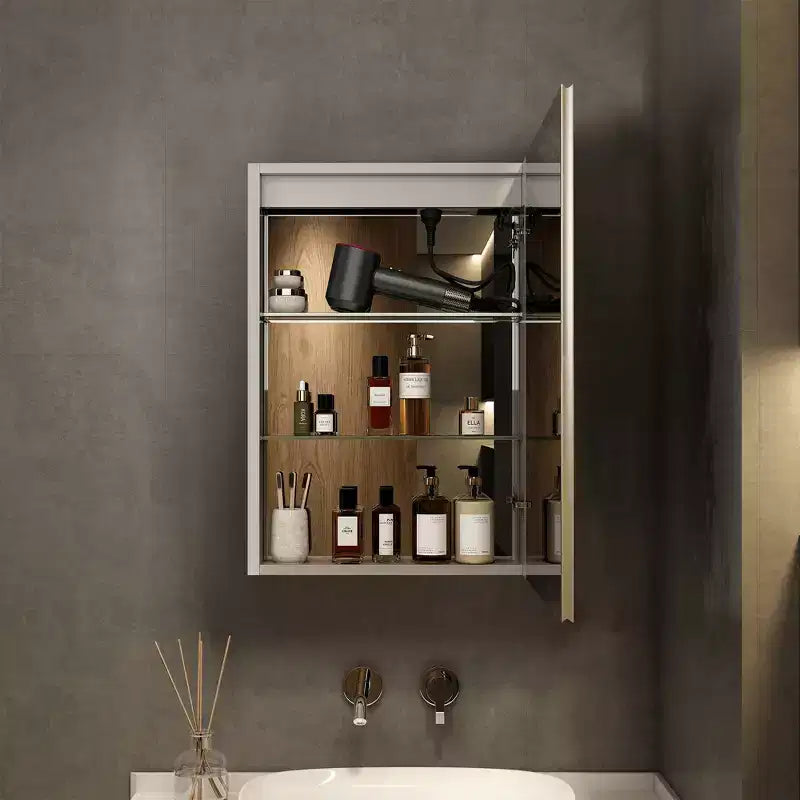 Armoire à pharmacie à LED avec miroirs et lumières, armoire de salle de bain encastrable/murale, 3 modes d'éclairage, intensité variable, anti-buée, prise de courant, argent