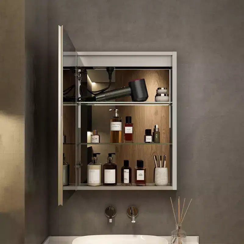 Armoire à pharmacie à LED avec miroirs et lumières, armoire de salle de bain encastrable/murale, 3 modes d'éclairage, intensité variable, anti-buée, prise de courant, argent