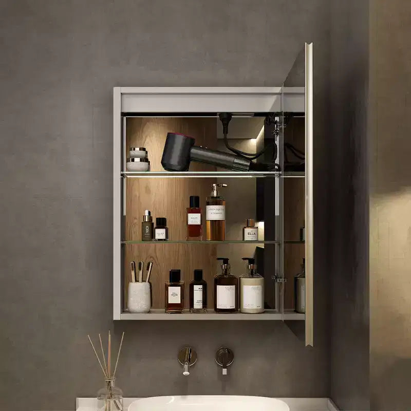 Armoire à pharmacie à LED avec miroirs et lumières, armoire de salle de bain encastrable/murale, 3 modes d'éclairage, intensité variable, anti-buée, prise de courant, argent