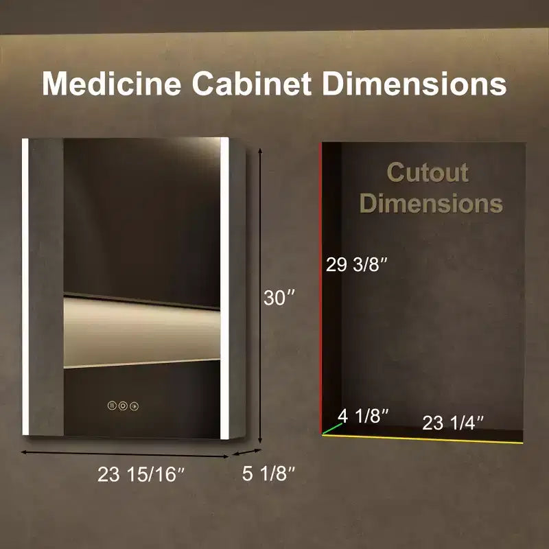 Armoire à pharmacie à LED avec miroirs et lumières, armoire de salle de bain encastrable/murale, 3 modes d'éclairage, intensité variable, anti-buée, prise de courant, argent