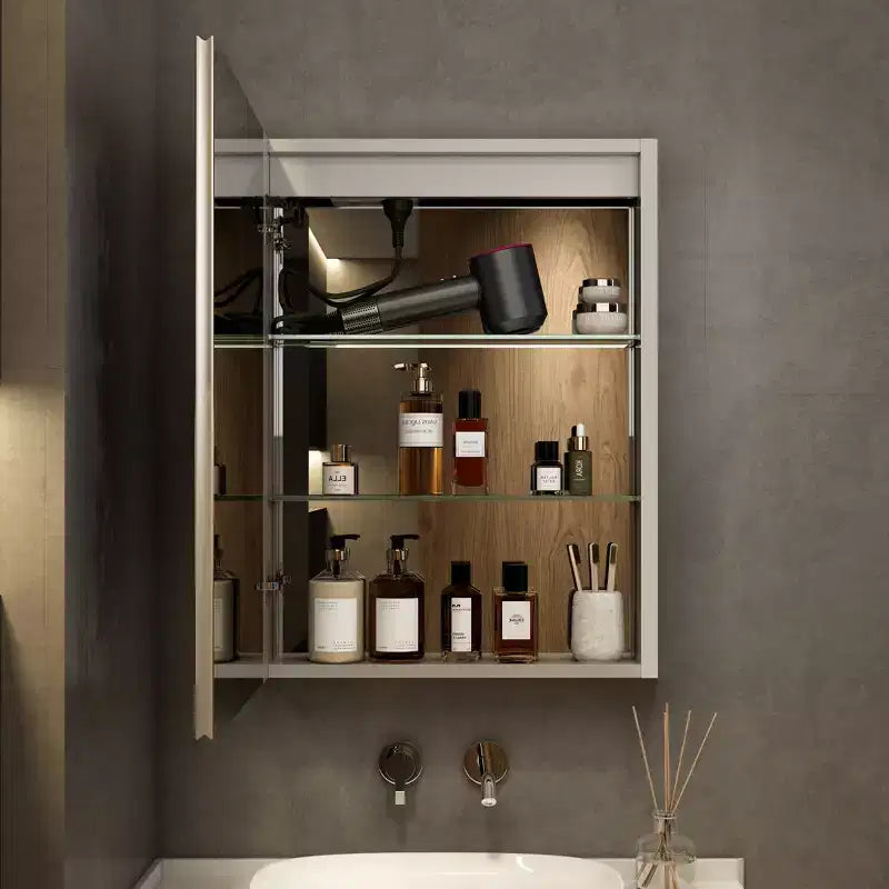 Armoire à pharmacie à LED avec miroirs et lumières, armoire de salle de bain encastrable/murale, 3 modes d'éclairage, intensité variable, anti-buée, prise de courant, argent