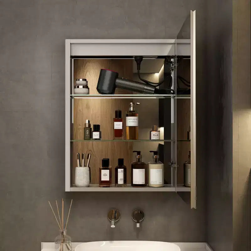 Armoire à pharmacie à LED avec miroirs et lumières, armoire de salle de bain encastrable/murale, 3 modes d'éclairage, intensité variable, anti-buée, prise de courant, argent