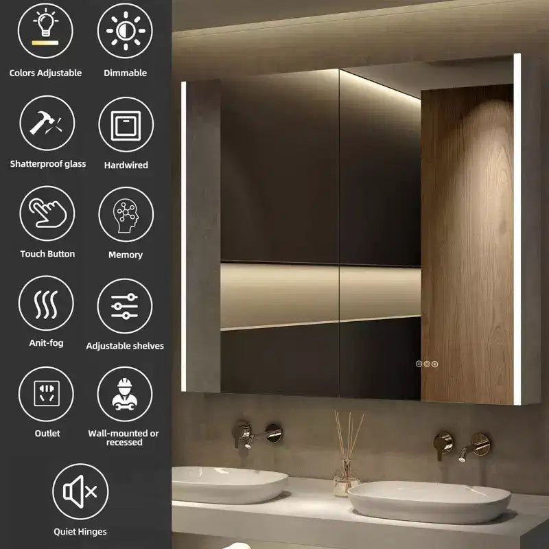 Armoire à pharmacie à LED avec miroirs et lumières, armoire de salle de bain encastrable/murale, 3 modes d'éclairage, intensité variable, anti-buée, prise de courant, argent