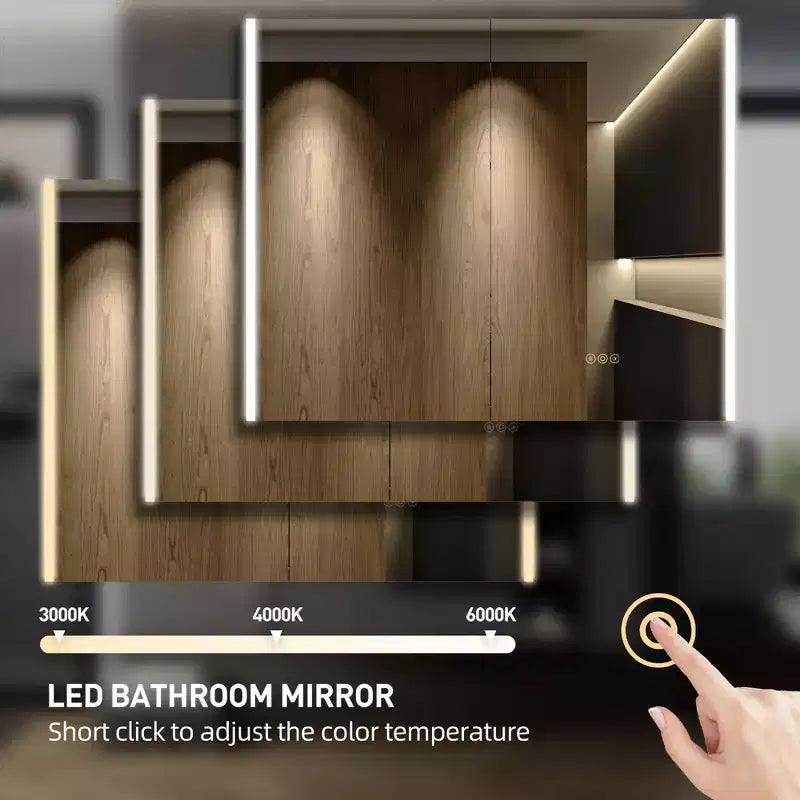Armoire à pharmacie à LED avec miroirs et lumières, armoire de salle de bain encastrable/murale, 3 modes d'éclairage, intensité variable, anti-buée, prise de courant, argent