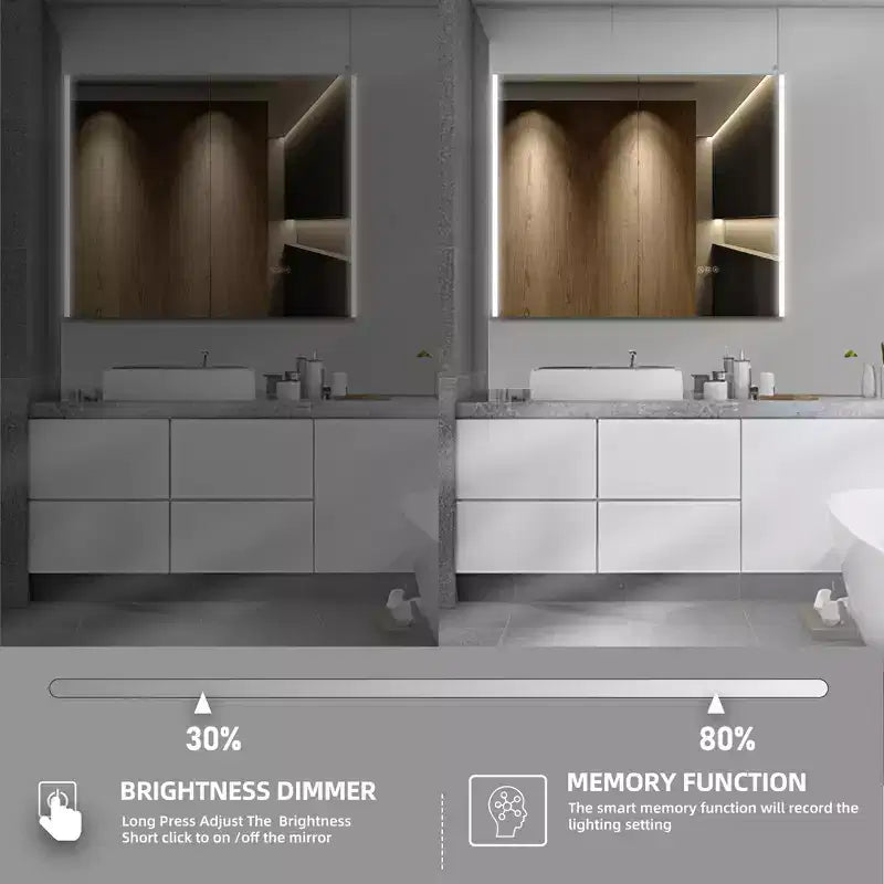 Armoire à pharmacie à LED avec miroirs et lumières, armoire de salle de bain encastrable/murale, 3 modes d'éclairage, intensité variable, anti-buée, prise de courant, argent