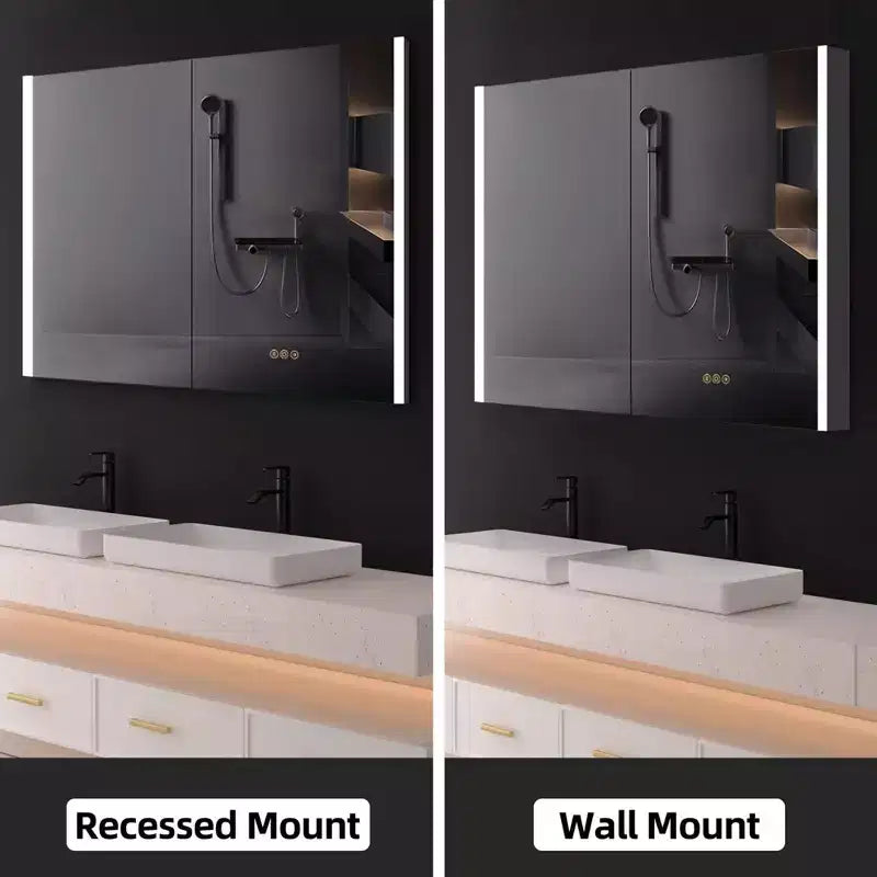 Armoire à pharmacie à LED avec miroirs et lumières, armoire de salle de bain encastrable/murale, 3 modes d'éclairage, intensité variable, anti-buée, prise de courant, argent