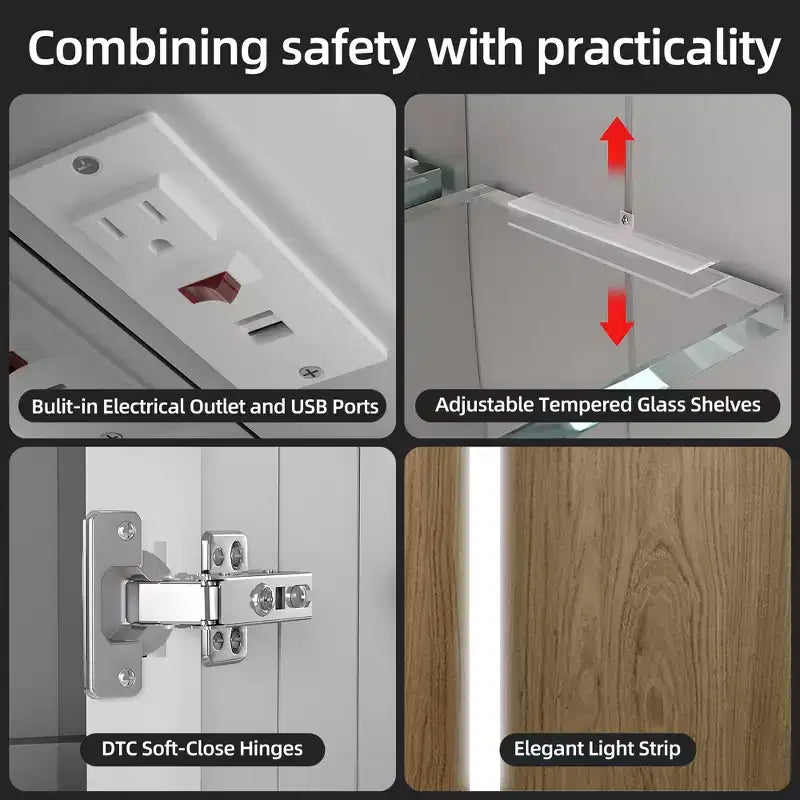 Armoire à pharmacie à LED avec miroirs et lumières, armoire de salle de bain encastrable/murale, 3 modes d'éclairage, intensité variable, anti-buée, prise de courant, argent