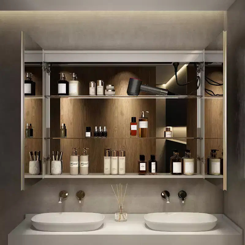Armoire à pharmacie à LED avec miroirs et lumières, armoire de salle de bain encastrable/murale, 3 modes d'éclairage, intensité variable, anti-buée, prise de courant, argent