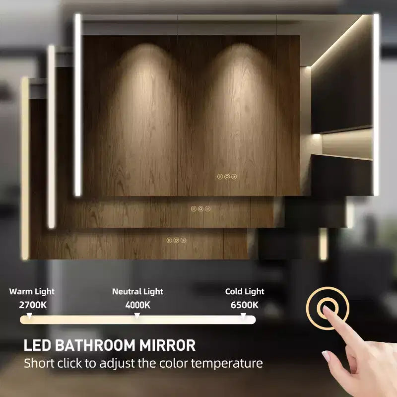 Armoire à pharmacie à LED avec miroirs et lumières, armoire de salle de bain encastrable/murale, 3 modes d'éclairage, intensité variable, anti-buée, prise de courant, argent