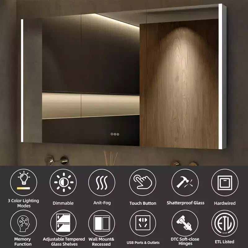 Armoire à pharmacie à LED avec miroirs et lumières, armoire de salle de bain encastrable/murale, 3 modes d'éclairage, intensité variable, anti-buée, prise de courant, argent