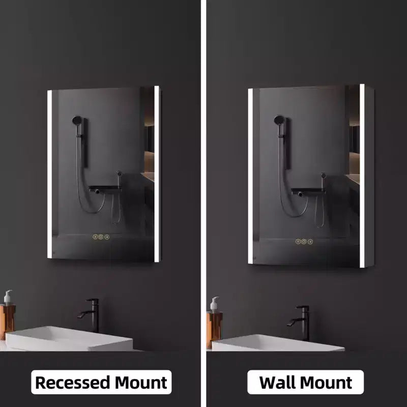 Armoire à pharmacie à LED avec miroirs et lumières, armoire de salle de bain encastrable/murale, 3 modes d'éclairage, intensité variable, anti-buée, prise de courant, argent