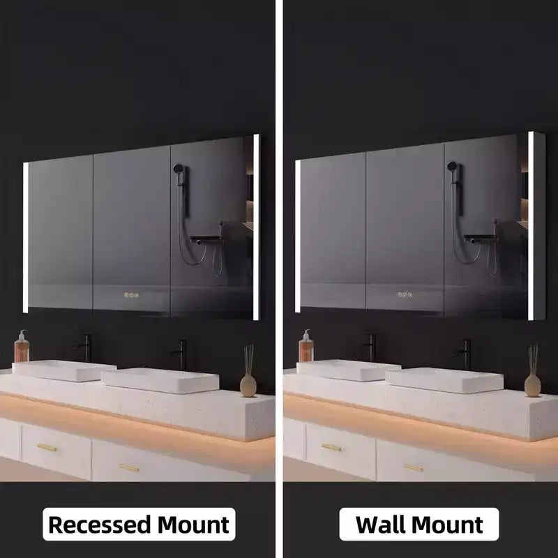 Armoire à pharmacie à LED avec miroirs et lumières, armoire de salle de bain encastrable/murale, 3 modes d'éclairage, intensité variable, anti-buée, prise de courant, argent