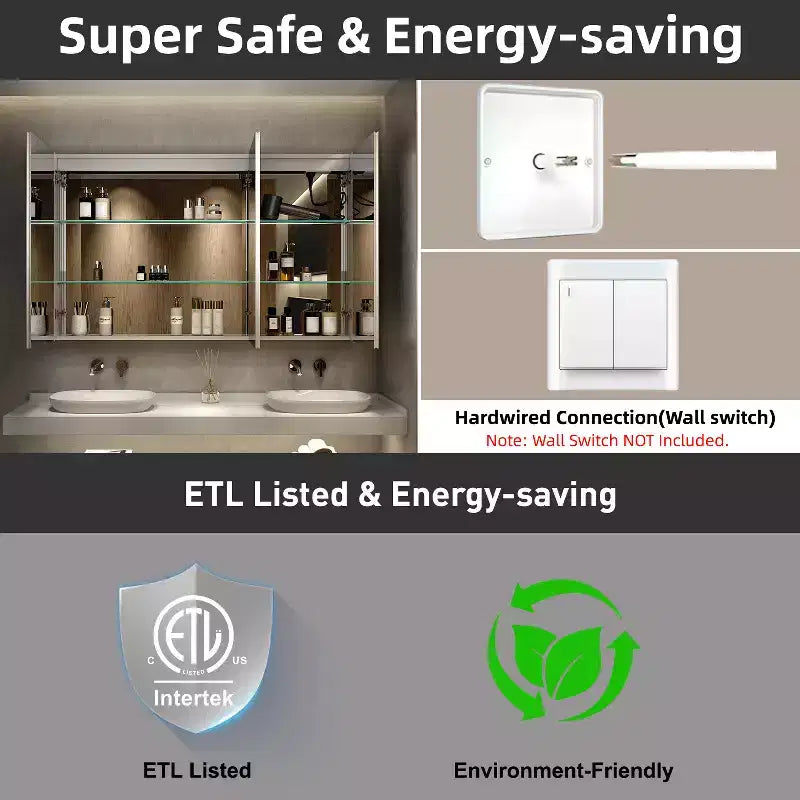 Armoire à pharmacie à LED avec miroirs et lumières, armoire de salle de bain encastrable/murale, 3 modes d'éclairage, intensité variable, anti-buée, prise de courant, argent
