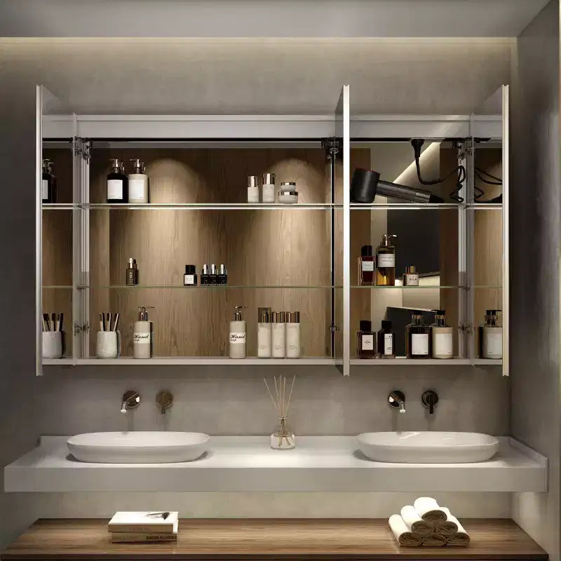Armoire à pharmacie à LED avec miroirs et lumières, armoire de salle de bain encastrable/murale, 3 modes d'éclairage, intensité variable, anti-buée, prise de courant, argent