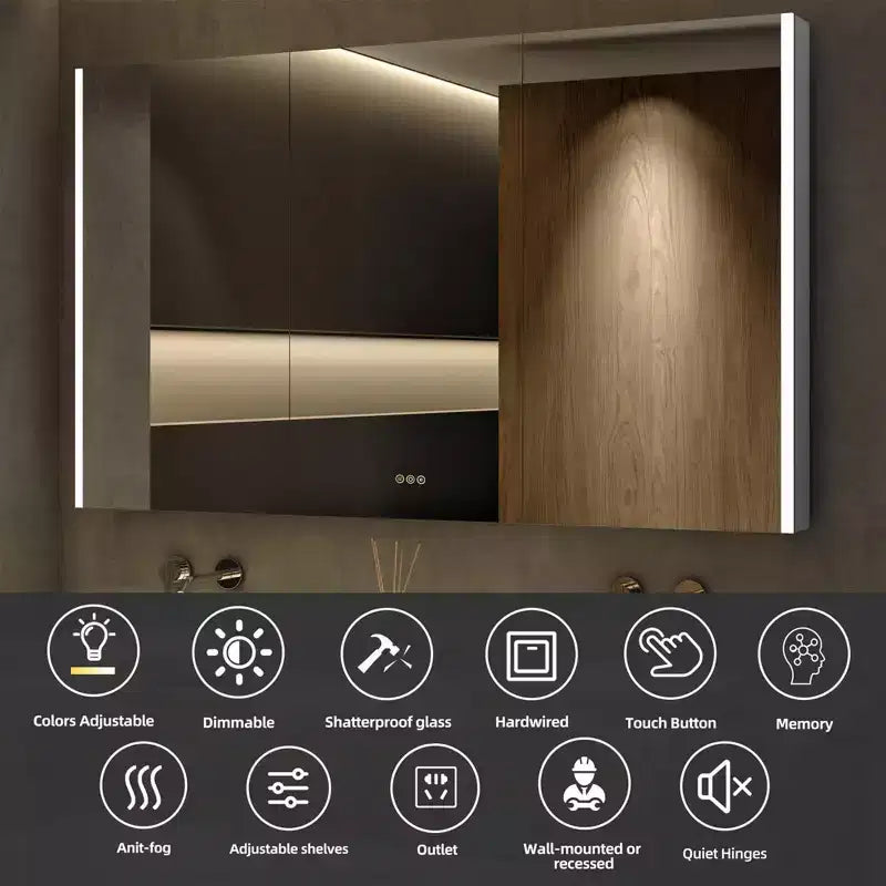 Armoire à pharmacie à LED avec miroirs et lumières, armoire de salle de bain encastrable/murale, 3 modes d'éclairage, intensité variable, anti-buée, prise de courant, argent