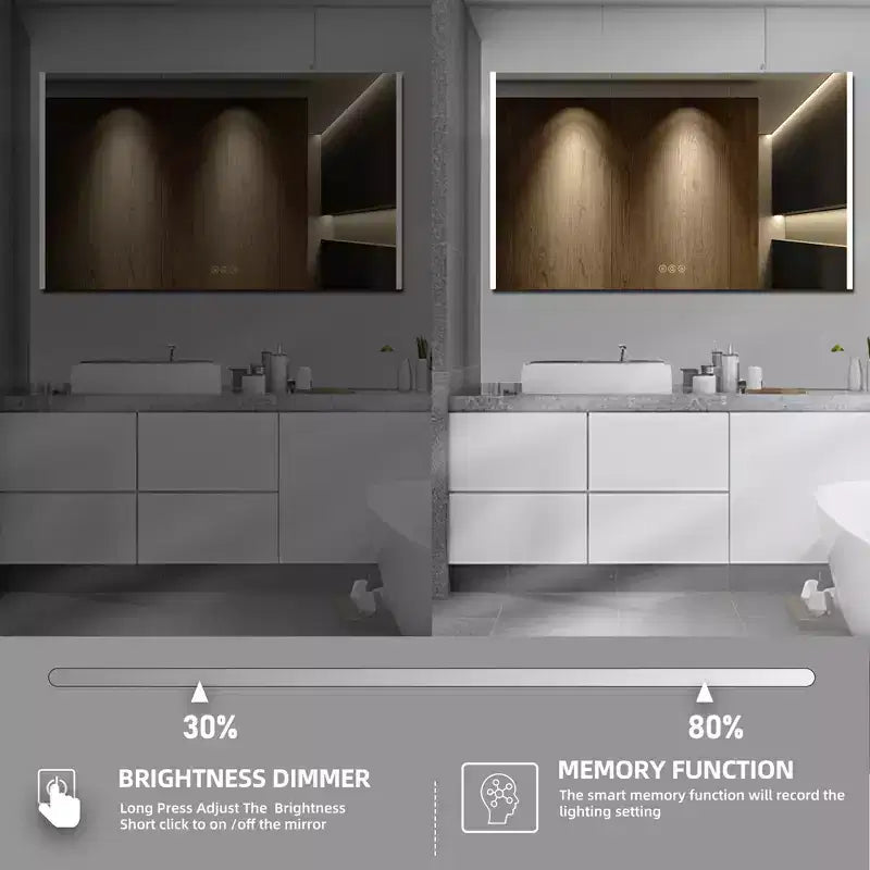 Armoire à pharmacie à LED avec miroirs et lumières, armoire de salle de bain encastrable/murale, 3 modes d'éclairage, intensité variable, anti-buée, prise de courant, argent