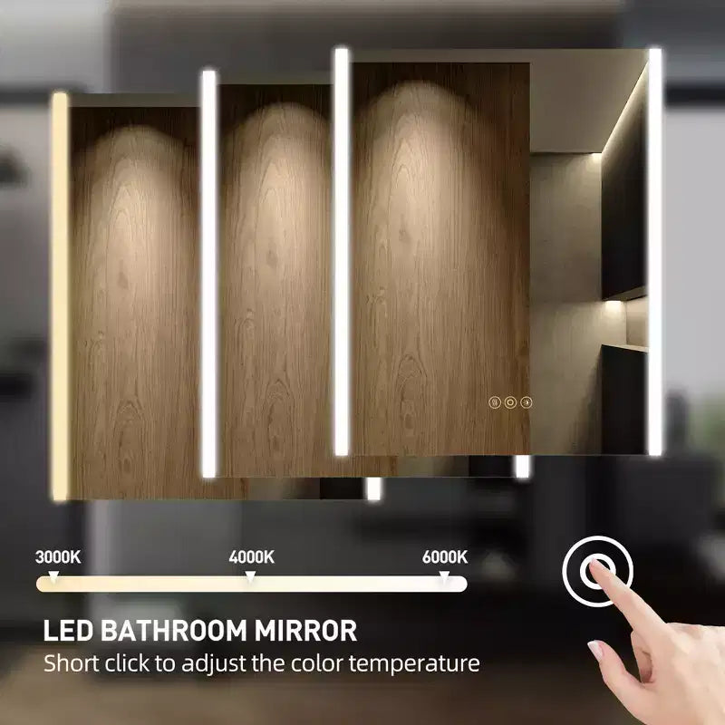 Armoire à pharmacie à LED avec miroirs et lumières, armoire de salle de bain encastrable/murale, 3 modes d'éclairage, intensité variable, anti-buée, prise de courant, argent