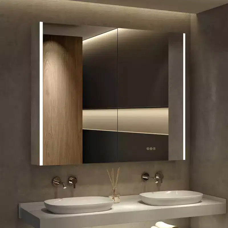 Armoire à pharmacie à LED avec miroirs et lumières, armoire de salle de bain encastrable/murale, 3 modes d'éclairage, intensité variable, anti-buée, prise de courant, argent