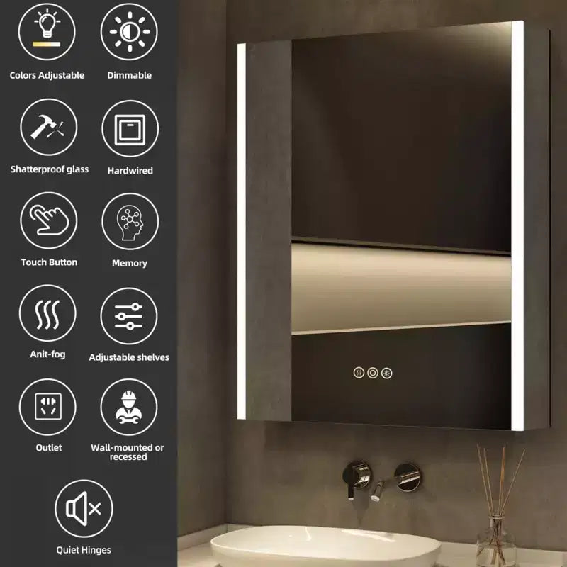 Armoire à pharmacie à LED avec miroirs et lumières, armoire de salle de bain encastrable/murale, 3 modes d'éclairage, intensité variable, anti-buée, prise de courant, argent