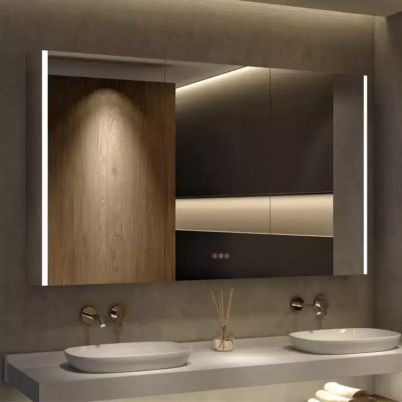 Armoire à pharmacie à LED avec miroirs et lumières, armoire de salle de bain encastrable/murale, 3 modes d'éclairage, intensité variable, anti-buée, prise de courant, argent